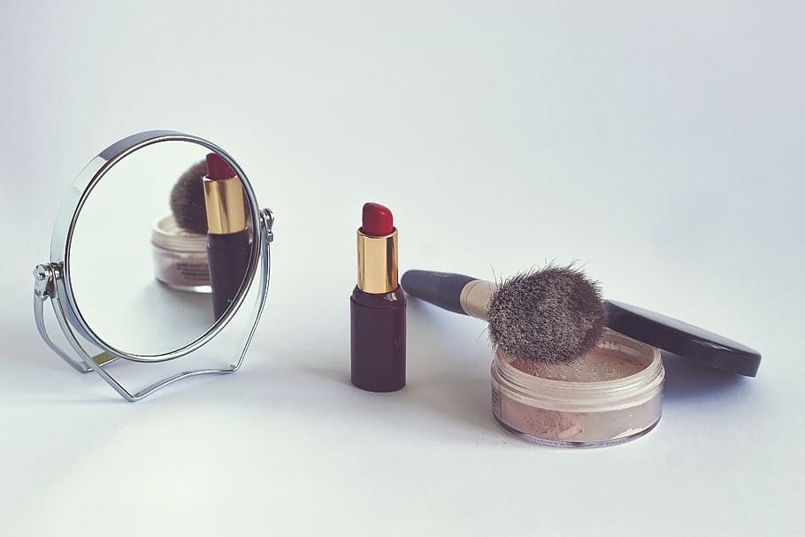 red, lipstick, black, makeup brush, cosmetics, powder, cosmetic brush, rearview mirror, makeup, beauty