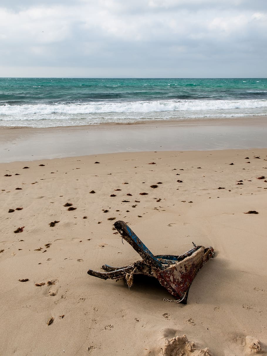 beach, shipwreck, sand, barca, land, sea, water, horizon over water, horizon, sky