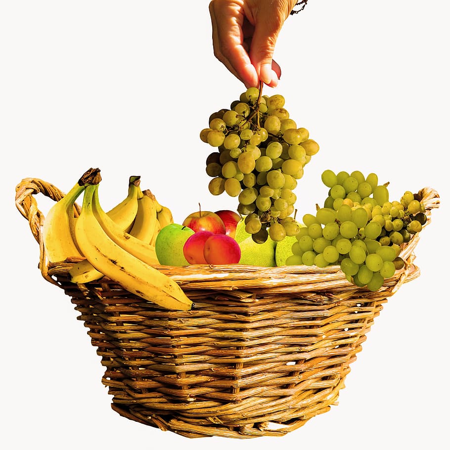 comer, comida, fruta, cesta de frutas, cesta, frutas, vitaminas, vegano, plátanos, uvas