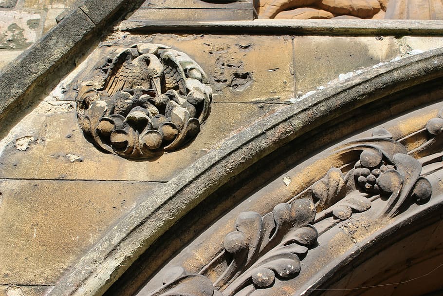 stone, detail, masonry, carving, church, flowers, art and craft, low angle view, creativity, representation