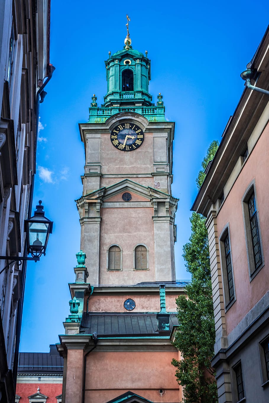 stockholm, church, clock tower, sweden, city, architecture, scandinavia, building, old, town