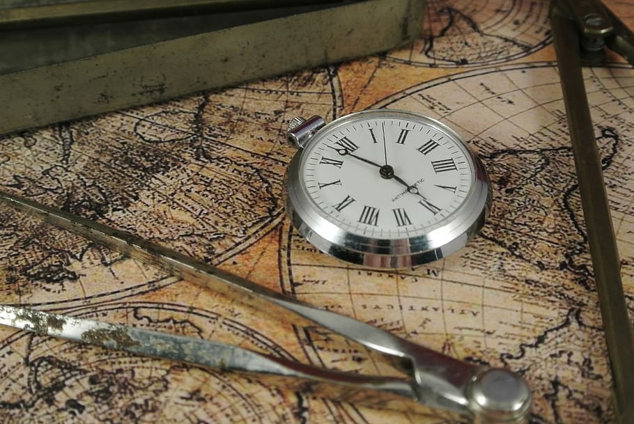 round silver analog, watch, map surface, analog watch, map, surface, zirkel, lake map, time, clock