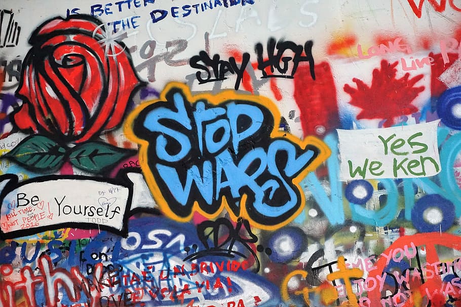 Anti-War, John Lennon Wall, grafitti, praga, multi colorido, texto, quadro completo, comunicação, Moldura completa, Planos de fundo