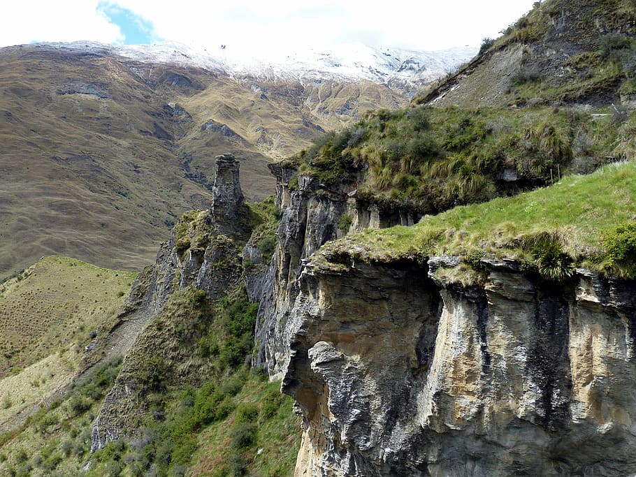 green, grass, gray, mountain, canyon, gorge, valley, stone, nature, rock