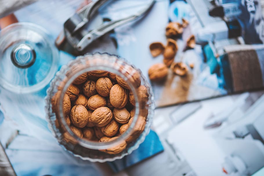 closeup, almonds, clear, mason jar, walnuts, nuts, jar, autumn, food, nature
