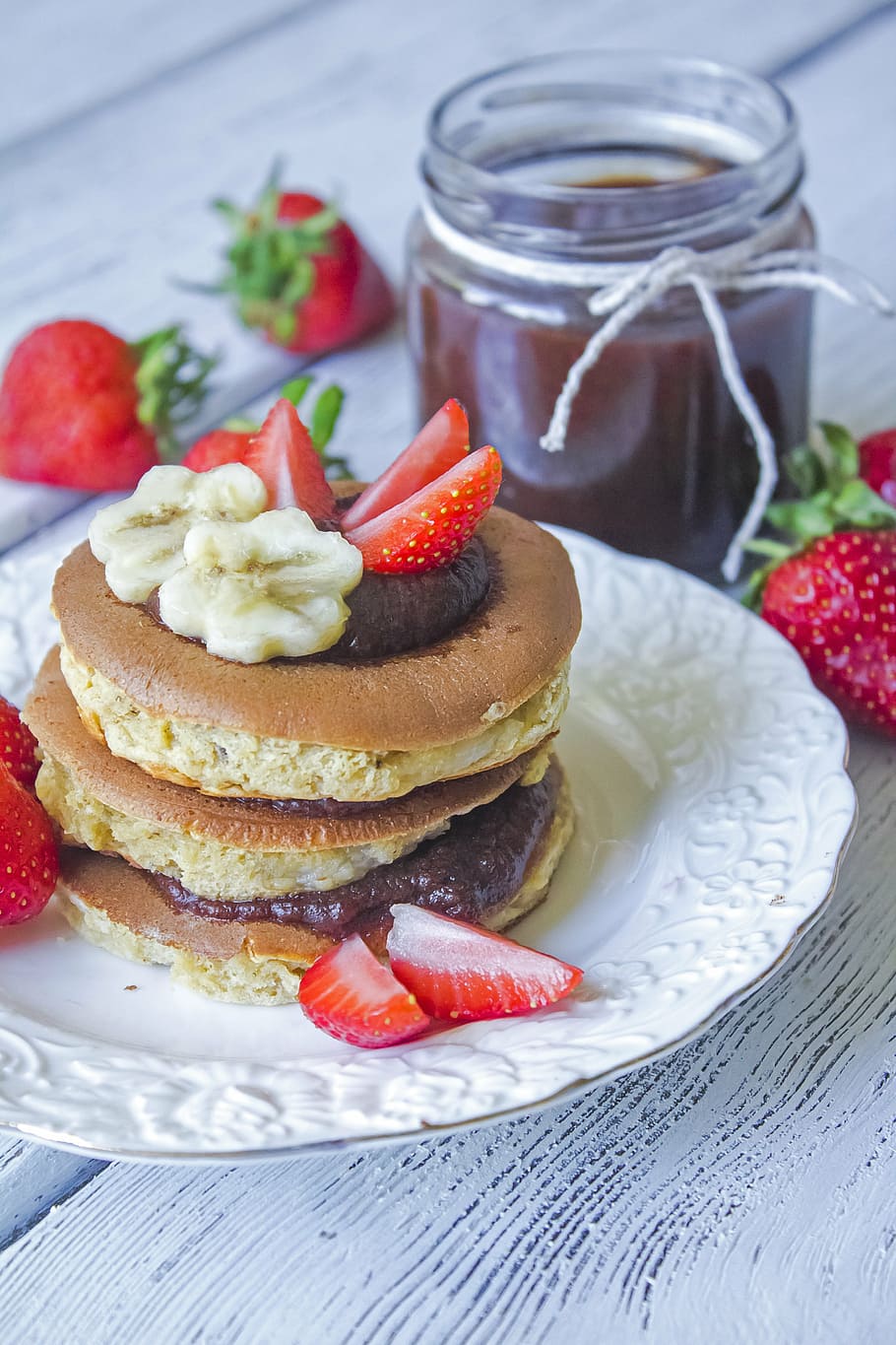 pancake, strawberries, jam, plate, food, hash browns, pancakes, nutrition, appetizing, calories