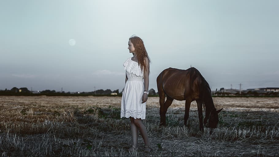 woman, standing, brown, horse, photo session with a horse, girl, hat, white, dress, magic