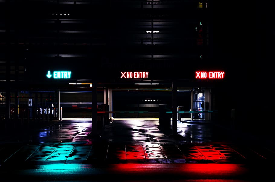 parking garage, entry, no entry, dark, night, lights, neon, signs, illuminated, sign