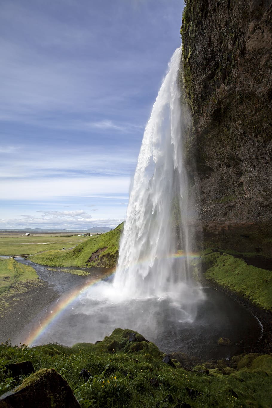 водопады, холм, дневное время, Сельяландсфосс, водопад, Исландия, Радуга, вода, природа, сценарии
