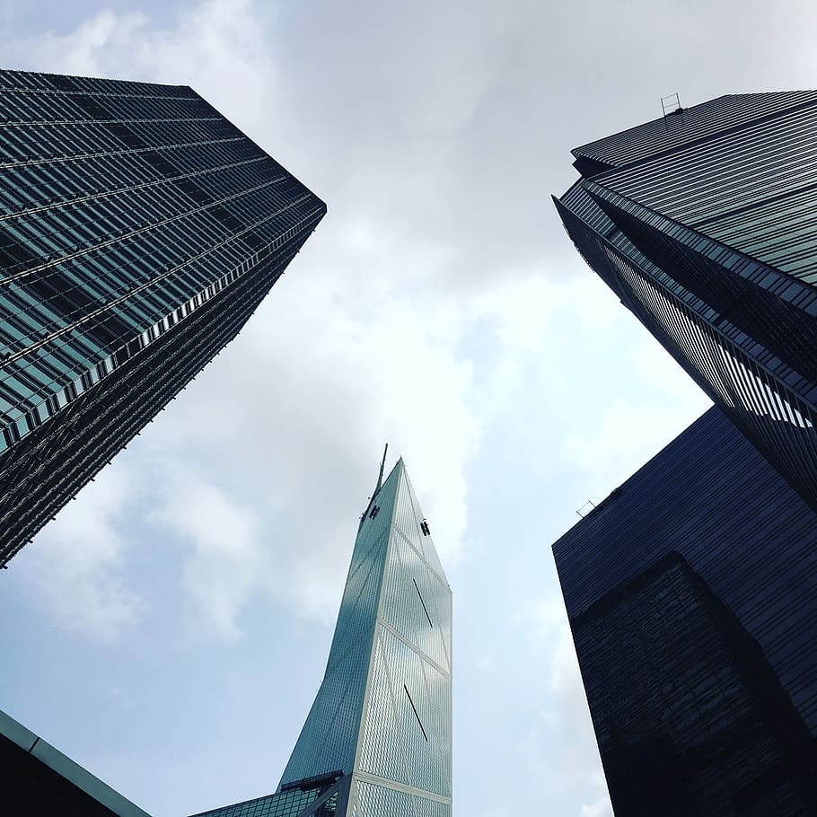 Hong Kong, construção, vista da rua, céu, arquitetura, exterior do edifício, estrutura construída, vista de ângulo baixo, cidade, nuvem - céu