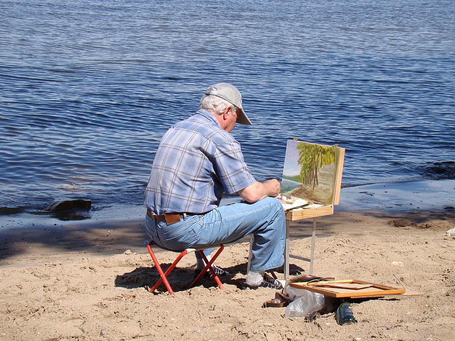 man, blue, jeans painting, body, wate, artist, river, beach, sand, summer