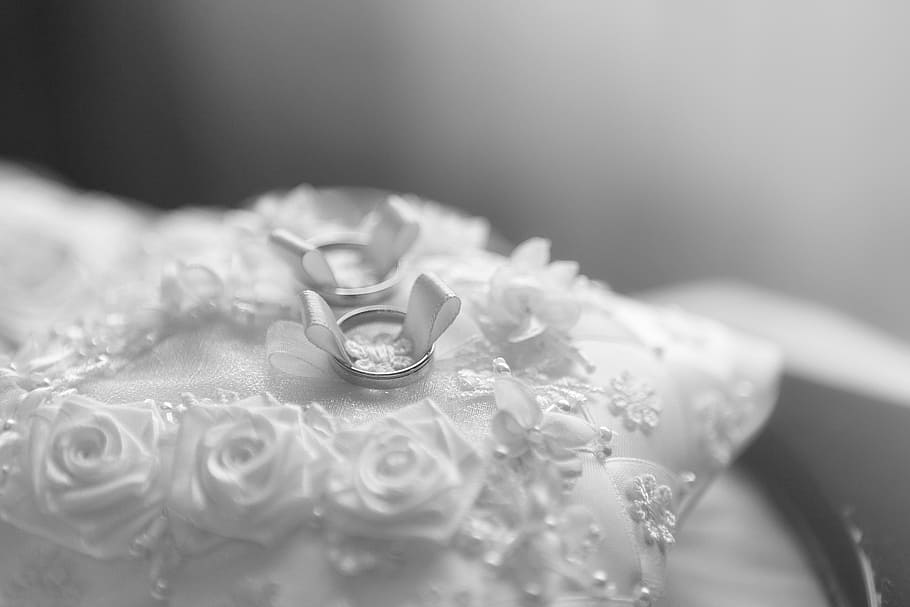 selective, focus photo, silver-colored, bridal, ring, white, lace pillow, wedding, background, celebration