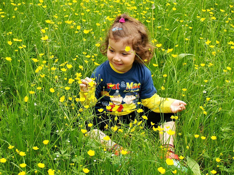 Child, Summer, baby girl, blossoming meadow, pleasure, yellow, grass, outdoors, cute, nature