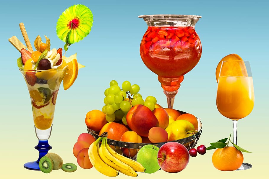 surtido, frutas, marrón, cesta, comer, beber, saludable, refresco, sommerfest, fiesta