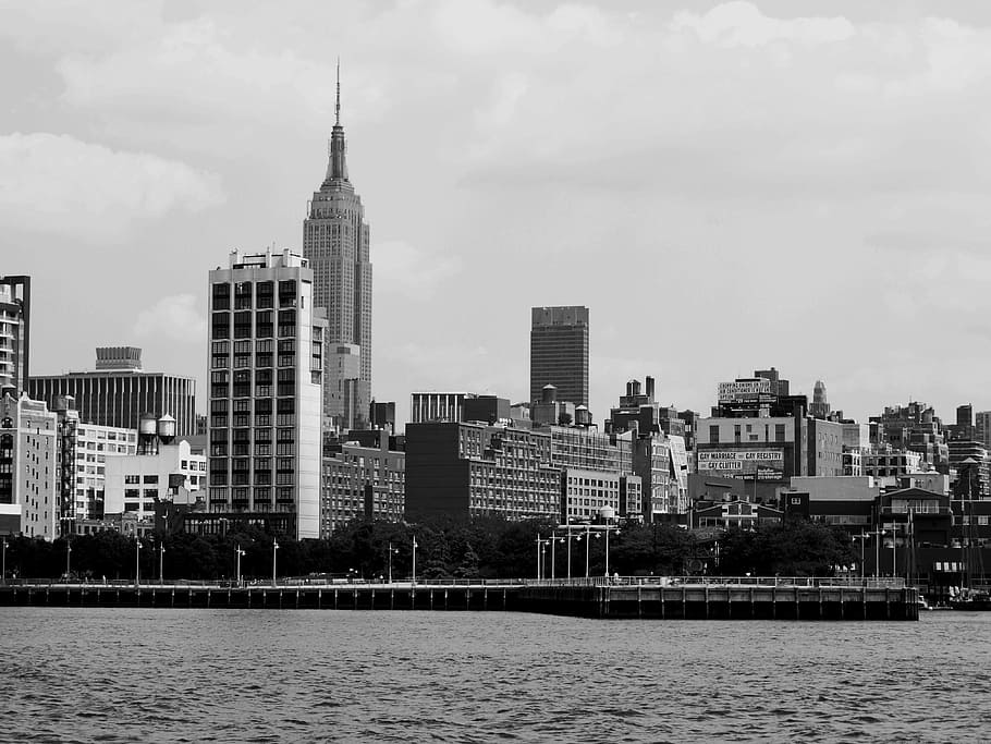 grayscale photo, city buildings, body, water, City, Skyline, Cityscape, urban, architecture, city skyline