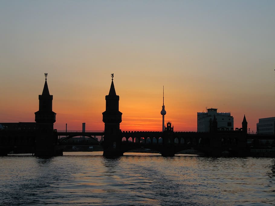 bridge, high-rise, building, sunset, berlin, oberbaumbrücke, abendstimmung, spree, tv tower, steamer