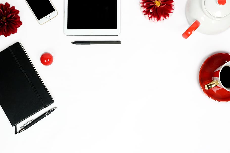 white, ceramic, mug, red, saucer, workplace, white table, modern, lifestyle, ipad