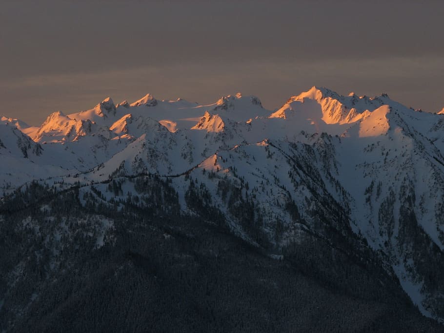 Pôr do sol, Montanha, Paisagem, Neve, Picos, Monte Olímpico, Parque Nacional Olímpico, Washington, EUA, Noroeste