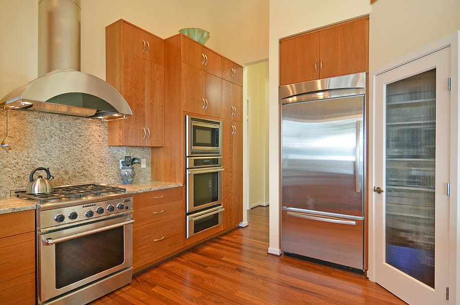 silver gas range oven, brown, wooden, kitchen cabinets, fridge, kitchen, refrigerator, interior, design, stainless