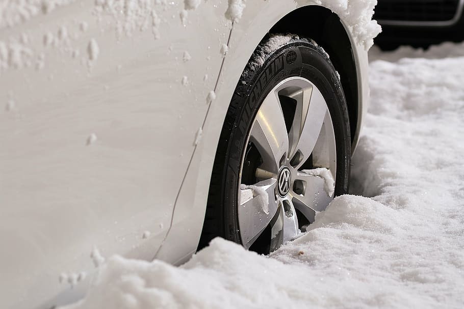 white, vehicle, stuck, snow, wheels, rims, auto, automobile, car, new