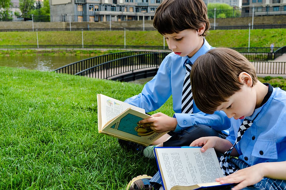 ler, livros, gramado, parque, aprender, estudar, leitura, bebê, crianças, treinamento