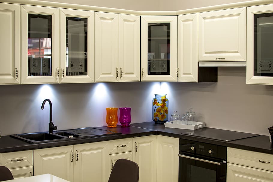 white, black, kitchen cupboard, house, home, residential, rooms, kitchen, dining, cabinets