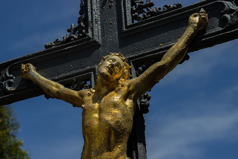 gold, black, crucifix statue, crucifix, cross, jesus, religion, faith, christian, wayside cross