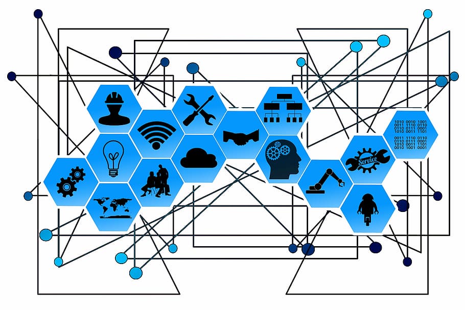 azul, negro, ilustración de red, red, puntos, líneas, interfaces, industria, industria 4, internet de las cosas