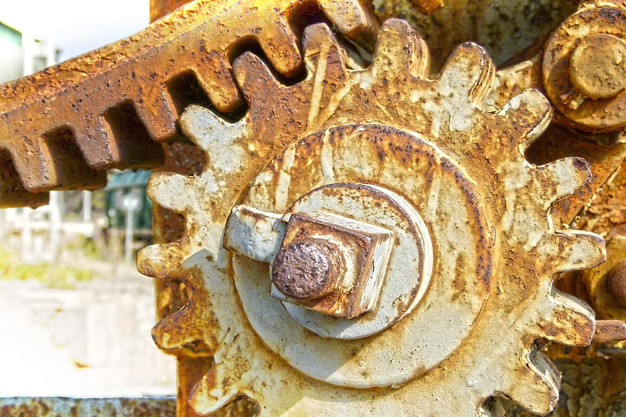 mechanism, gear, machine, sprockets, synergy, rusty, old, metal, machinery, close-up