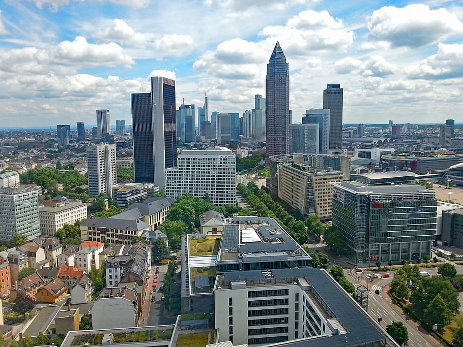 a vista de pájaro, ver foto, edificios altos, frankfurt, hesse, alemania, horizonte, rascacielos, perspectiva, paisaje urbano