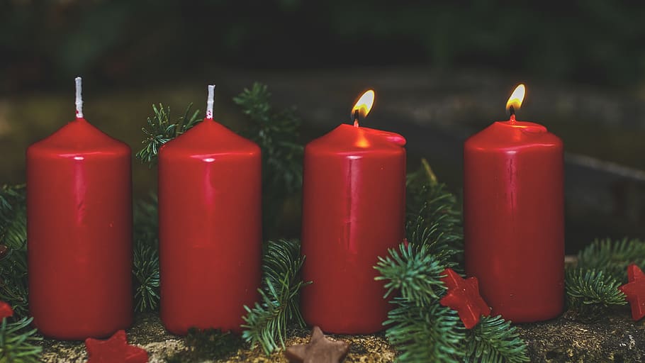 advent, 2, advent candles, red, four, candlelight, christmas, christmas time, contemplative, flame