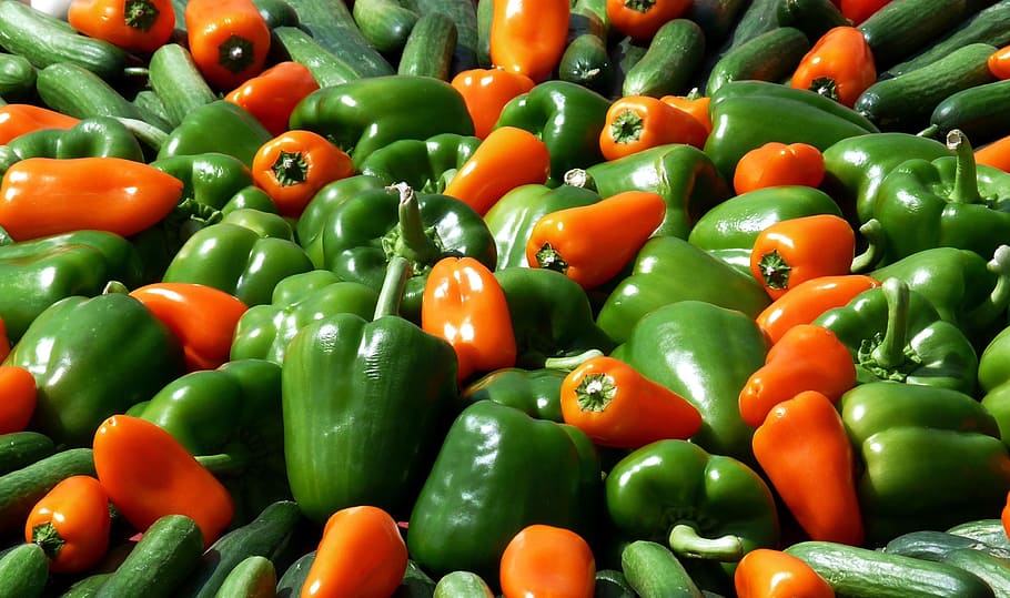 close-up photo, red, green, bell peppers, paprika, vegetables, food, market, green peppers, eat