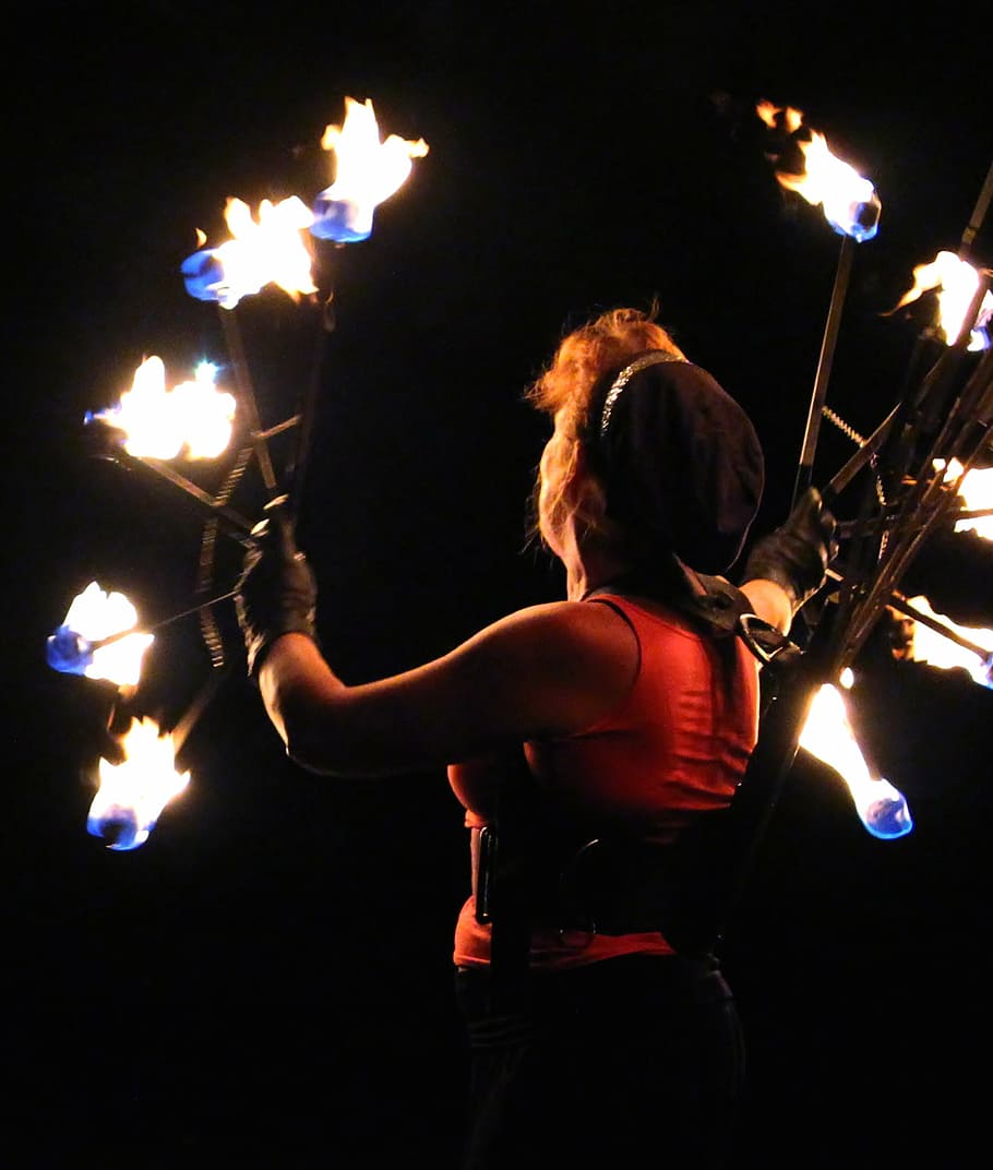 woman, artist, fire show, fire, flame, artfully, human, female, body, event