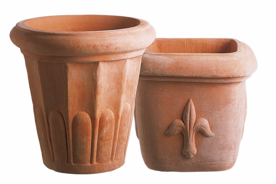 two, brown, plant pots, terracotta, pots, flower pots, fired clay, unglazed, ceramic products, pottery