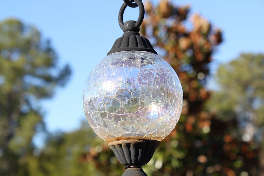 ball, sky, sphere, bright, decoration, hanging, outdoors, tree, glass, focus on foreground