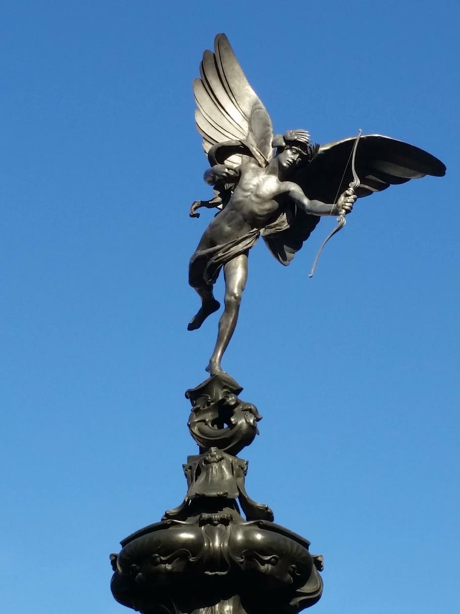 man, wings, holding, bow statue, eros, statue, love, struck, blue sky, cupid