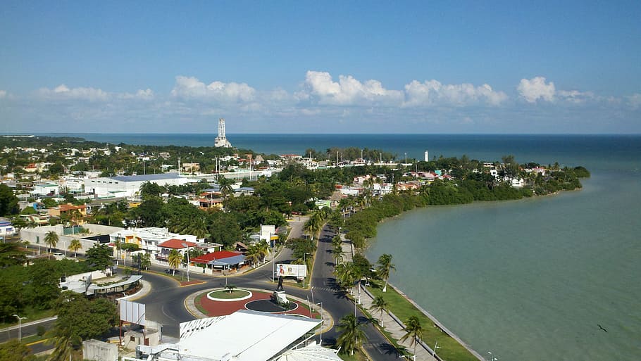 Chetumal, Quintana Roo, Bahía, agua, mar, arquitectura, cielo, estructura construida, vista de ángulo alto, exterior del edificio