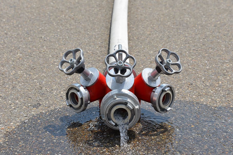 white, red, water hose, gray, concrete, pavement, Delete, Exercise, Fire, Fire, Fire Hose