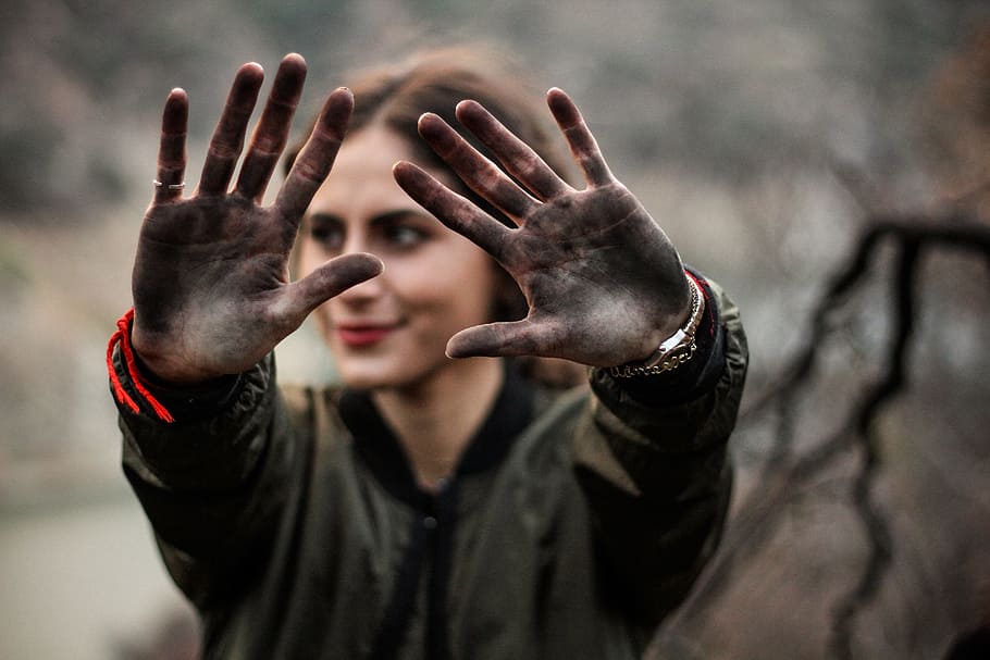people, woman, girl, hand, dirty, palm, watch, blur, human hand, one person