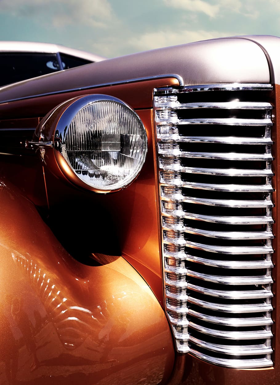 closeup, brown, vehicle headlight, auto, oldtimer, us car, collector's item, spotlight, grille, exhibition