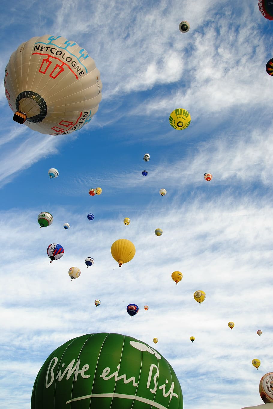 cores sortidas, quente, lote de balões de ar, voador, nuvens, dia, balão, céu, passeio de balão de ar quente, queimador