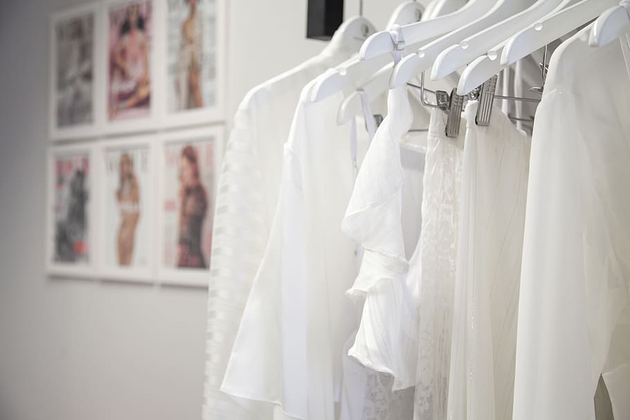 shop, clothes, fashion, clothing, white color, wedding, indoors, hanging, wedding dress, dress