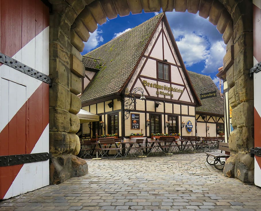 brown, white, house, arch, architecture, building, nuremberg, handwerkerhof, middle ages, truss