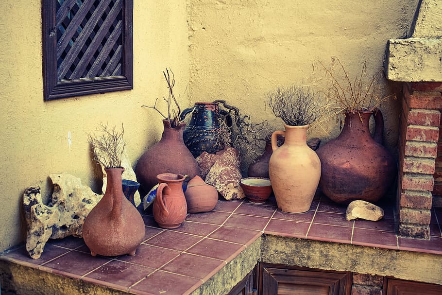 コンテナー, 陶器, セラミック, 粘土, 工芸品, 手作り, 手工芸品, 伝統的な素朴な村, キプロス, 建築