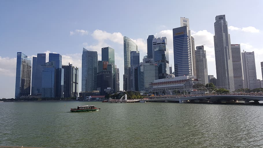 singapore, sunny, sky, blue, cityscape, singapore river, esplanade bridge, merlion, raffles place, cbd