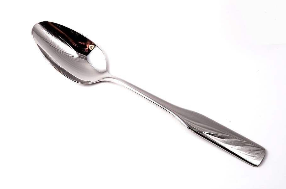 silver spoon, white, background, soup spoon, cutlery, metal, spoon, silverware, kitchen Utensil, fork