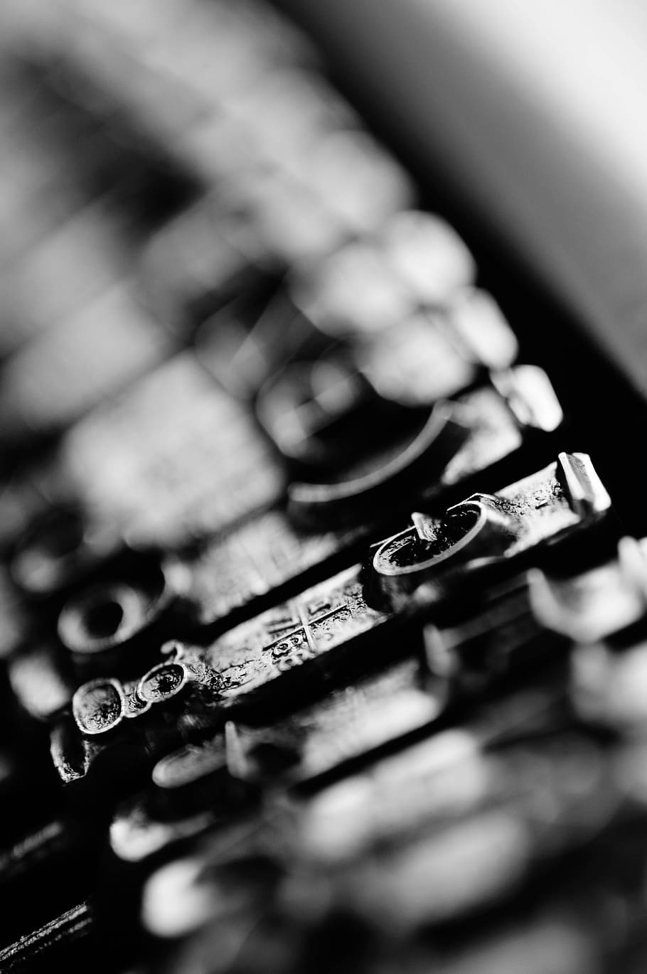 typewriter, types, black white, selective focus, close-up, indoors, safety, electronics industry, equipment, metal