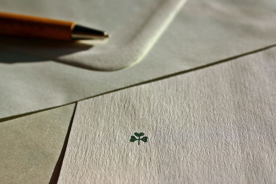 white paper, letters, leave, envelope, luck, four leaf clover, new year greeting, communication, paper, stationery