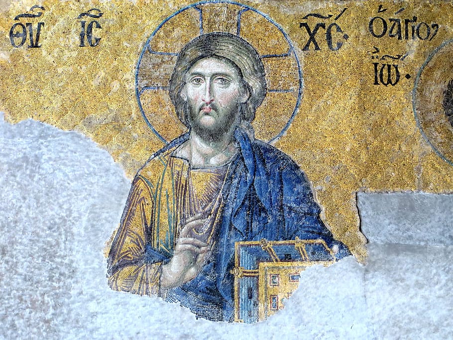religious illustration, christ, icon, hagia sophia, istanbul, mosaic, ancient art, 13th century, faith, jesus