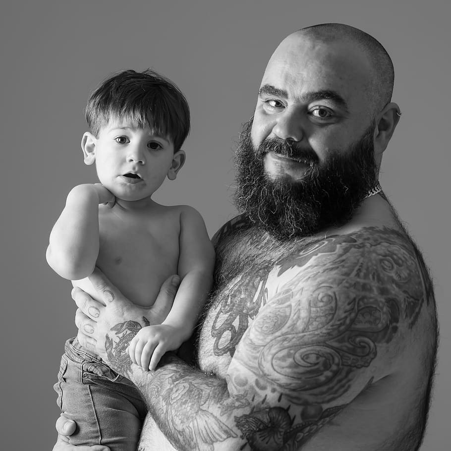 father, son, torso, tattoos, beard, males, men, shirtless, two people, indoors